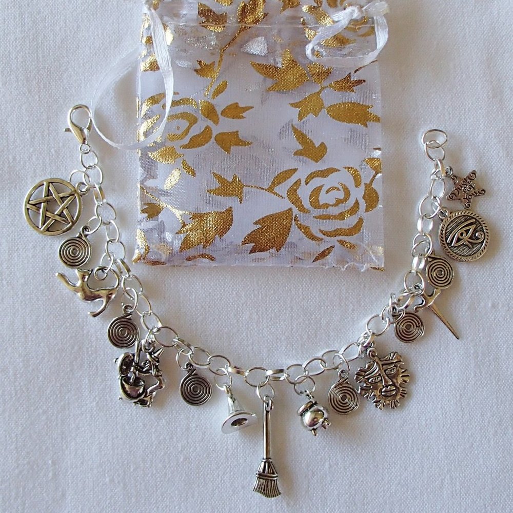 Wicca Witch Pagan Theme Charm Bracelet SP Handcrafted + Organza Roses Gift Bag